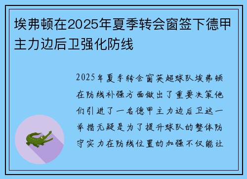 埃弗顿在2025年夏季转会窗签下德甲主力边后卫强化防线